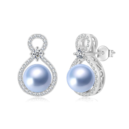 BAMIKI S925 Sterling Silver Infinity Pearl Earrings Stud for Women, Genuine Quality 8-8.5mm Round Saltwater Cultured Blue Pearls, Hypoallergenicity Jewelry Gifts for Mother Wife Bridal
