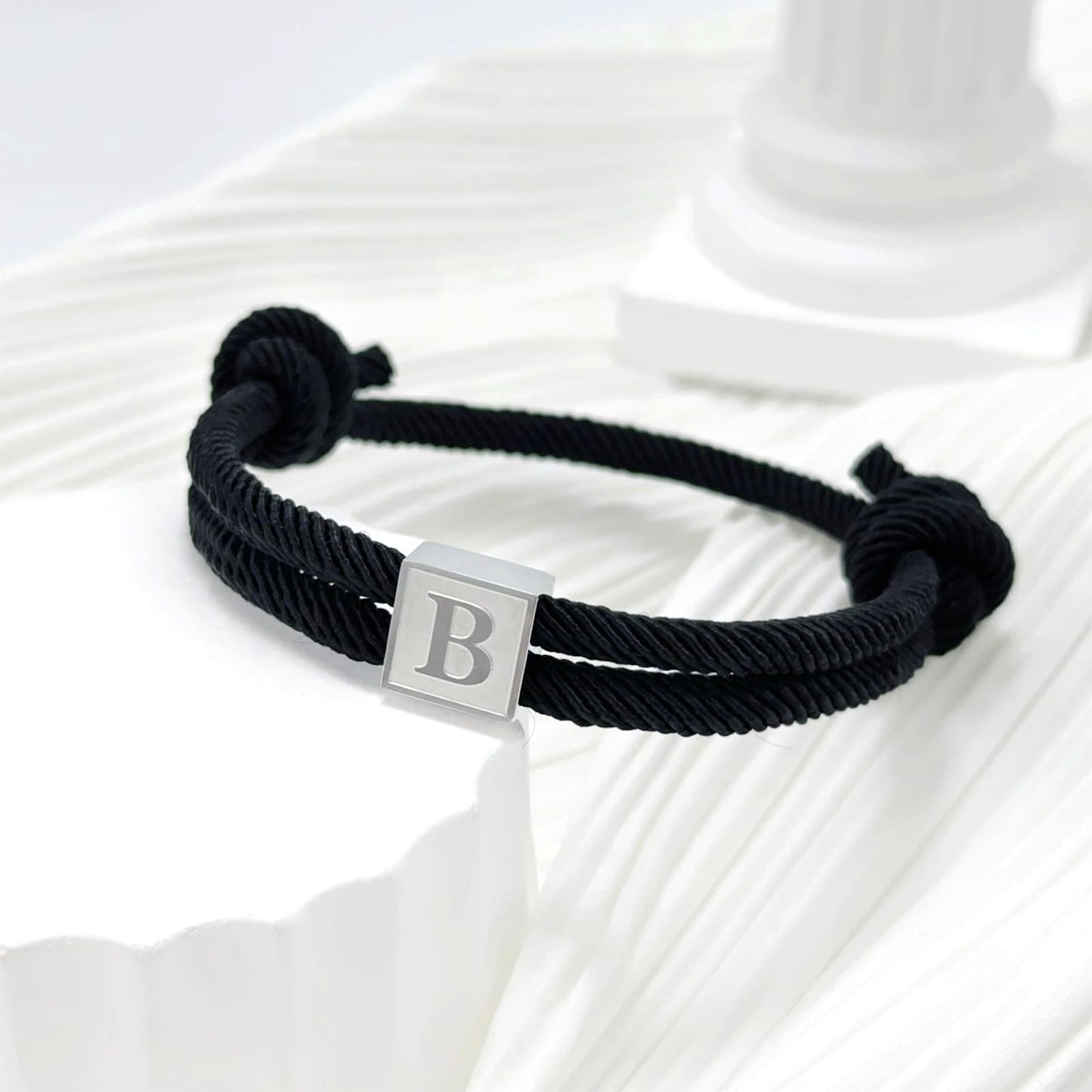 BHDJSHX Personalized Initial Rope Bracelet for Men, Stainless Steel A-Z Letter Charm Bracelet,Adjustable Handmade Braided Black Cord,7-13 Inches,Gifts For Men,Brothers,Son,Boyfriend(H)