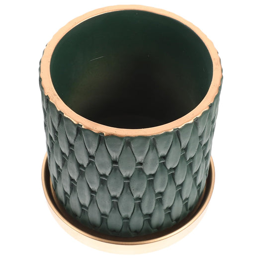 TIDTALEO European Style Cement Woven Pattern Plant Pot with Drainage Tray, Outdoor Indoor Nursery Flower Planter in Dark Emerald and Metallic Tray, Garden Planting Accessory for Patio