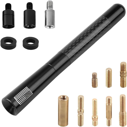 Ywdiml 4.7 inch 2Screw 9Adapter 2Rings, Carbon Fiber Car Short Antenna, American Flag Vehicle Radio Billet Antenna