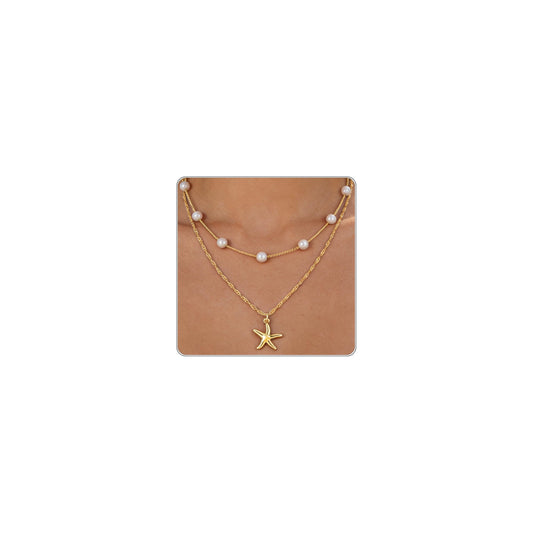 Beach Layered Starfish Necklace for Women, 14K Gold Plated Shell Conch Seashell & Pearl Charm Pendant, Dainty Coastal Summer Vacation Jewelry