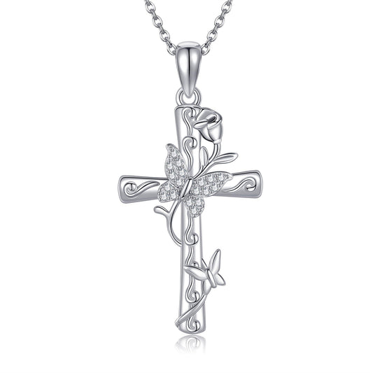 AXOMY Butterfly Necklace for Women 925 Sterling Silver Cross Butterfly Pendant Rose Necklace Cross Jewelry Gifts for Mom Wife