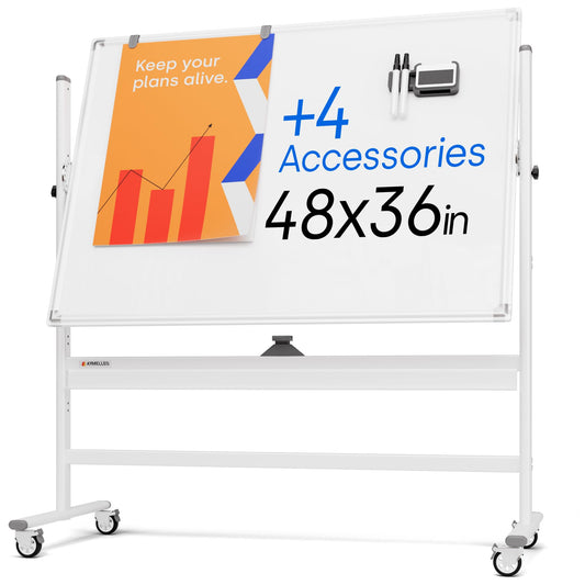 Rolling Dry Erase Board 48 x 36 - Large Portable Magnetic Whiteboard with Stand - Double Sided Easel Style Whiteboard with Wheels - Mobile Standing White Board for Office, Classroom & Home