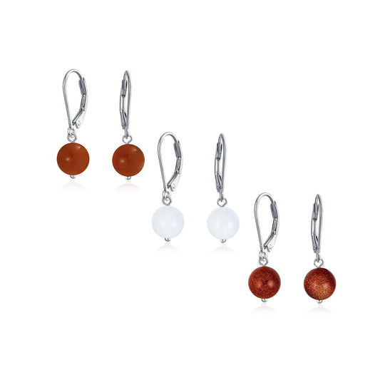 Bling Jewelry Timeless .925 Sterling Silver Red Carnelian, White Jade, Brown Golden Sandstone 8mm Ball Drop Earrings Secure Lever Back Genuine Gemstone (Set of 3)