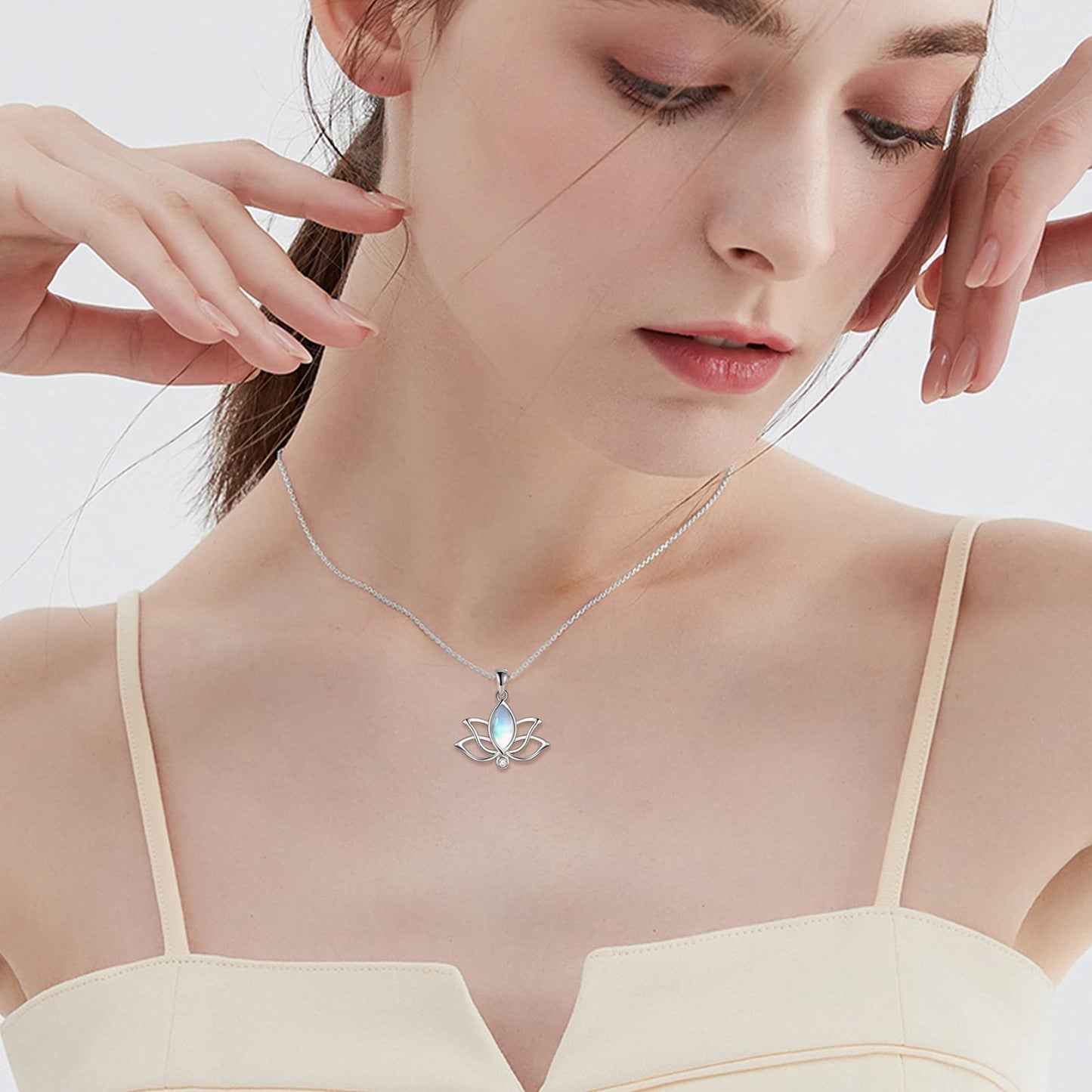 YFN Lotus Flower Necklace Sterling Silver Moonstone Lotus Pendant Lotus Jewelry Gifts for Women