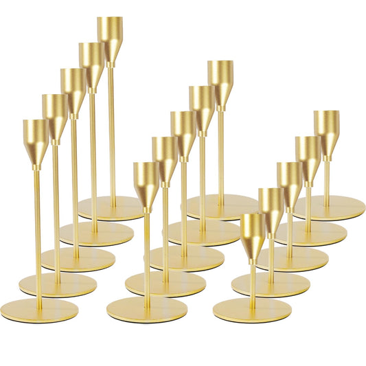 Matte Gold Candle Holders Bulk Painted Gold Metal Candlesticks Fit 0.8 Inch Taper Candles Decorative Metal Candelabra for Wedding Home Holiday Anniversary Party Dinning Table Decors (Set of 15)