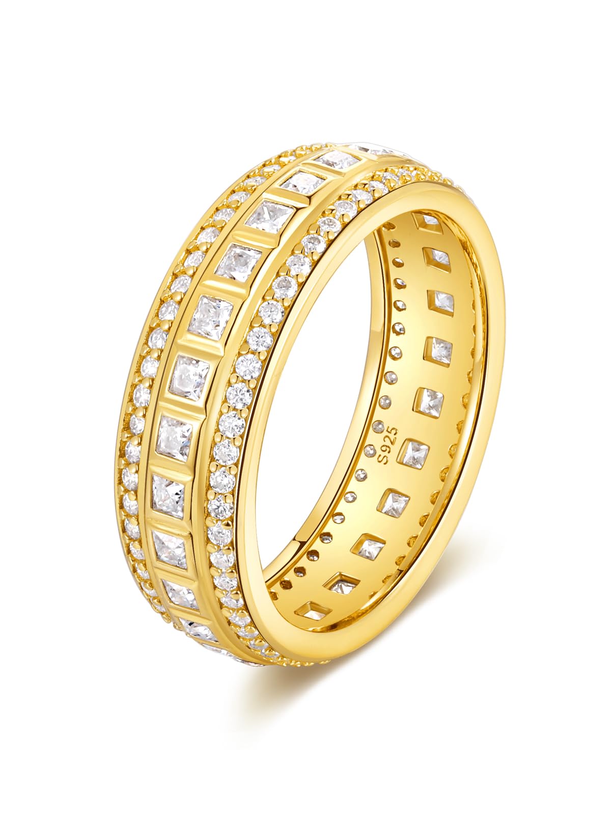 Frbod Moissanite Three Row Ring Diamond Engagement Promise Bands Yellow Gold Plated Eternity Ring for Women Size 6