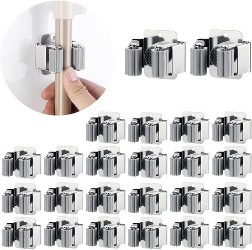 JAMEND Heavy-Duty Broom and Mop Holder - 24 PCS Wall-Mounted Organizer Rack | Stainless Steel Finish