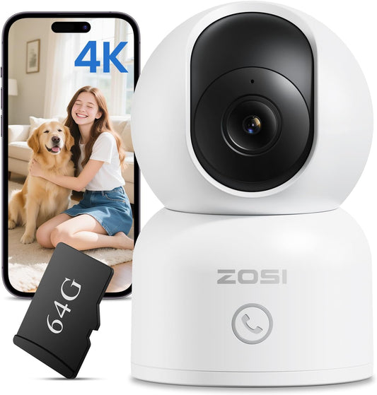 ZOSI 4K C518 360 2-Way 5GHz/2.4GHz 64G Indoor Security Camera, WiFi Pan/Tilt Pet/Dog/Baby Plug-in IP Camera, Auto