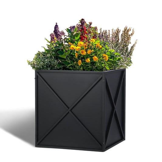 SUNNYPARK Large Metal Planter Box 17”x 17”x 18”, Square Modern Black Metal Planter Box Heavy Duty with Drainage Holes for Outdoor Garden Patio
