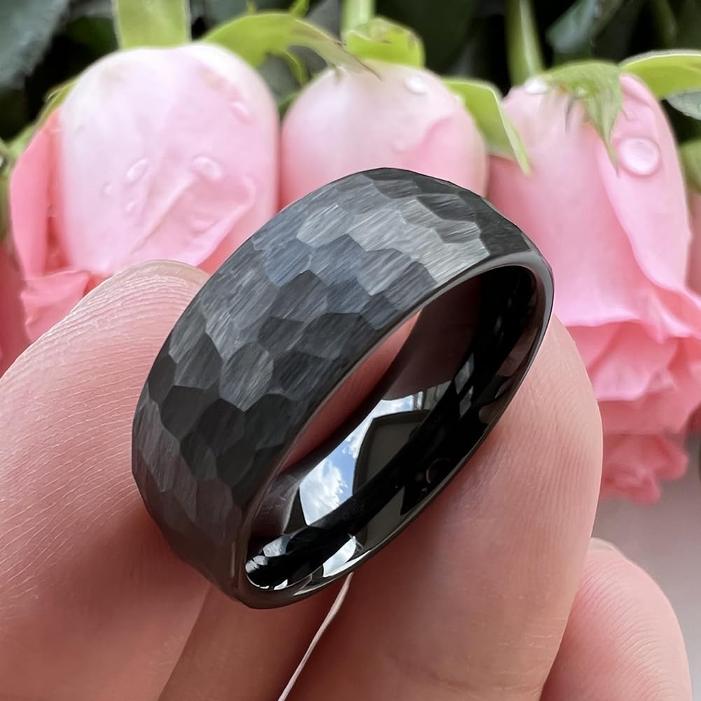 TUTISS 8mm Black Hammered Tungsten Carbide Rings for Men Women Engagement Wedding Bands Domed I Love You Engraved Comfort Fit Size 13