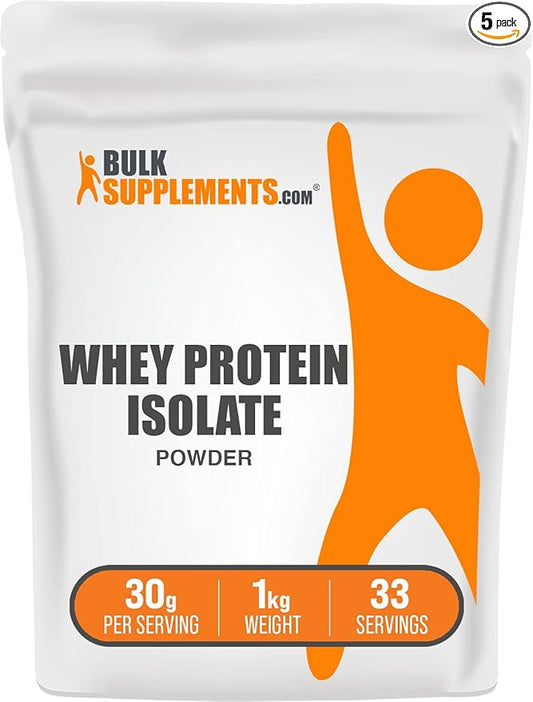 BulkSupplements.com Whey Protein Isolate Powder - Whey Protein Powder, Unsweeteneed, Unflavored & Gluten Free - 30g per Serving, 1kg (Pack of 5) (11 lbs)