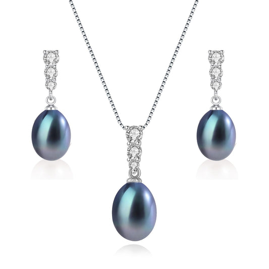 BAMIKI Black Pearl Necklace and Earrings Set, Saltwater Cultured Baroque Pearl 9-10mm, 925 Sterling Silver Set with CZ, Jewelry Gifts for Women, Drop Style