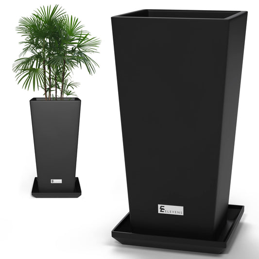 Elevens Outdoor Planter Larger Flower Pots Indoor Taper Garden V-Shape Tall Planters 28 inches Garden Pots Planter with 2 Trays - Black（2 Packs）, 28"-2 Pack (A-GE01002)