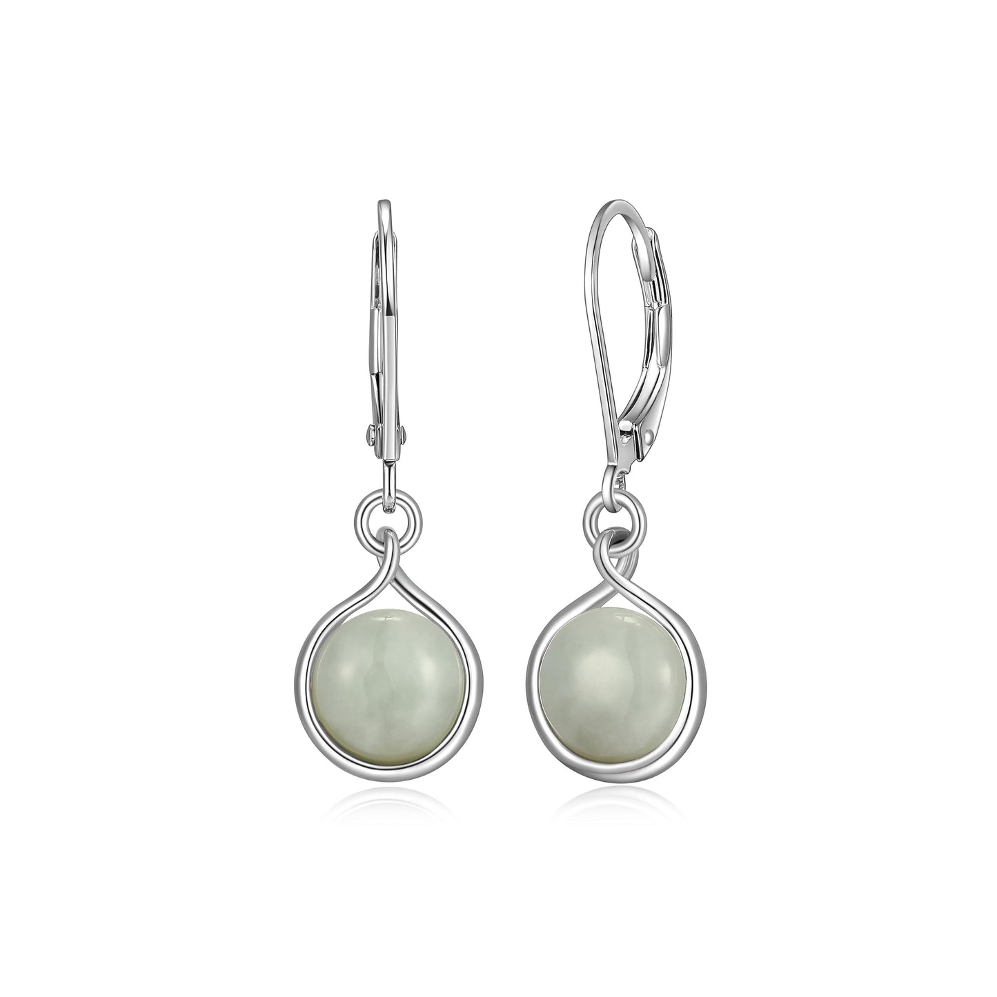 MORGAN & PAIGE .925 Sterling Silver Rhodium Plated Genuine Green Jade Bezel Set Round Leverback Earrings for Women - Hypoallergenic Dangle Sterling Silver Earrings, 1-1/8" Length