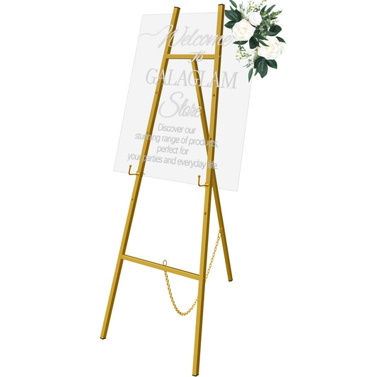 GALAGLAM Easel Stand for Signs, 57" Gold Easel Adjustable 4 Tier Floor with Chain Support, Metal Easels for Painting, Display Stand for Wedding Baby Showers Birthday Parties