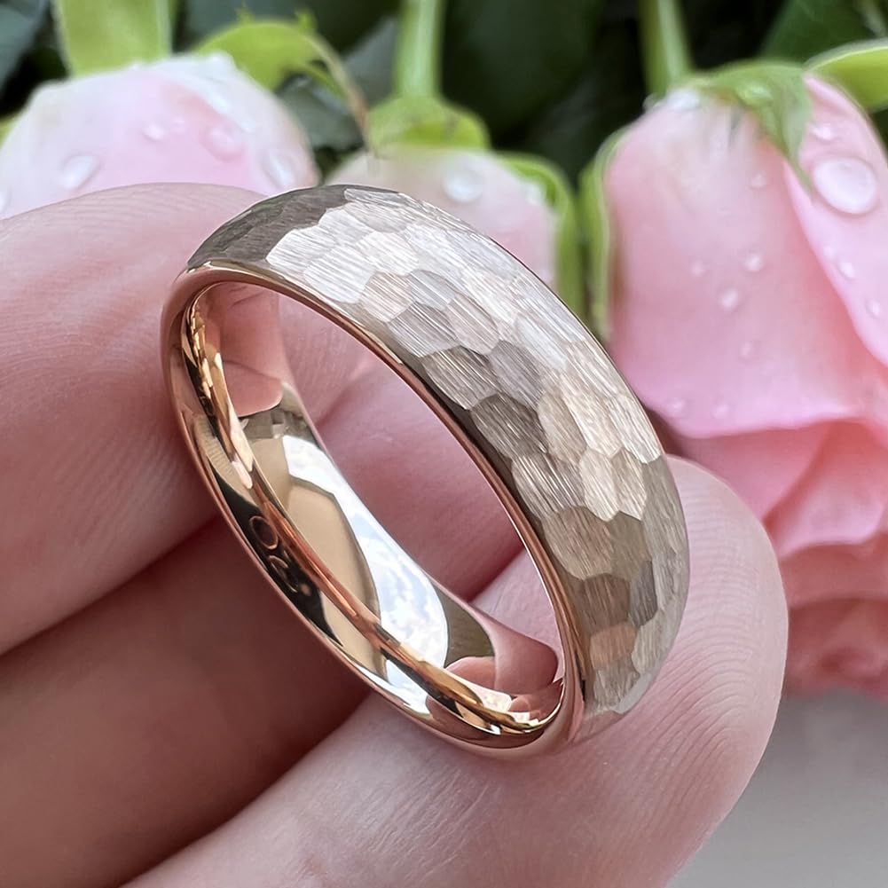 TUTISS 6mm Rose Gold Hammered Tungsten Rings for Men Women Engagement Wedding Bands Domed Matte Finish Comfort Fit Size 8