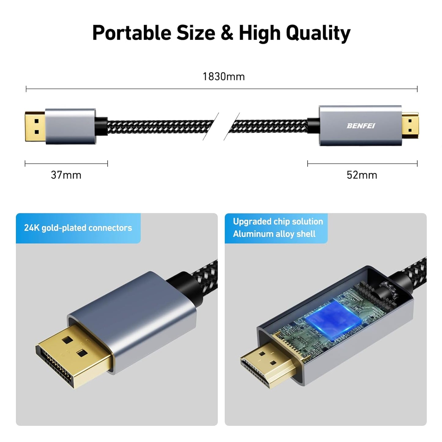 4K 6 2 Pack[Aluminum 1.2 1.4 BENFEI DisplayPort to HDMI Feet Cable Shell, Nylon Braided], Uni-Directional DP Computer
