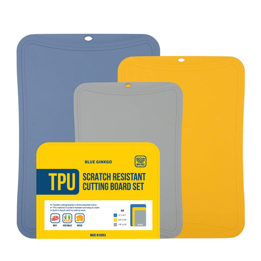 Blue Ginkgo TPU Cutting Mats [Set of 3] – Korean-Made Flexible, Knife-Friendly, Durable Kitchen Cutting Boards (Blue, Yellow, Gray)