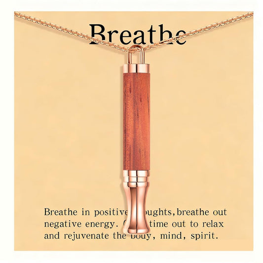 BOLAGTIER Mindful Breathing Necklace: Natural Wood Fidget Charm for Anxiety Relief & Quit Smoking Aid, Stainless Steel Sensory Pendant to Calm Your Mind (Rose Gold)