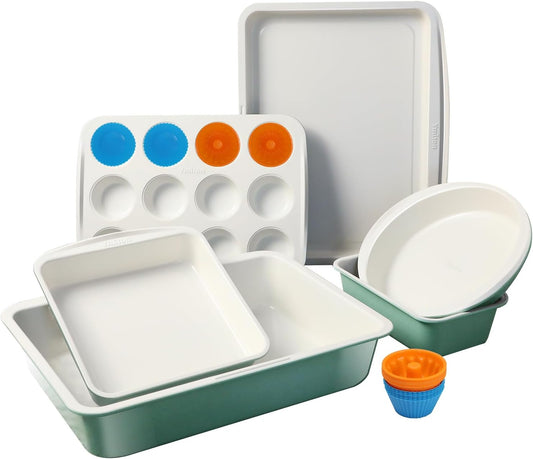 Skiennix Ceramic Nonstick Baking Pans Set - 30 PCS Stackable Bakeware, 550°F Oven Safe, Green