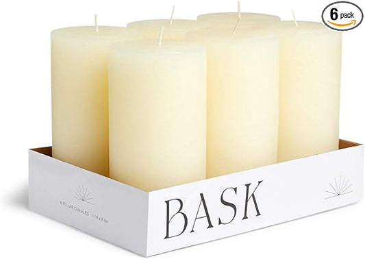 Mottled Pillar Candles by Bask - Set of 6-3" x 6" Dripless Unscented Candles in Ivory for Home Decor, Relaxation & All Occasions