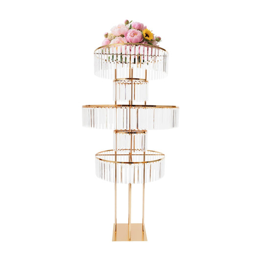 Headery 5 Tiers Round Wedding Centerpieces Vase, 61in Gold Acrylic Flower Stand with Hanging Crystals, Square Chandelier Pedestal Stand for Party Table Decoration Lawn Hotel Opening (Styel-4)