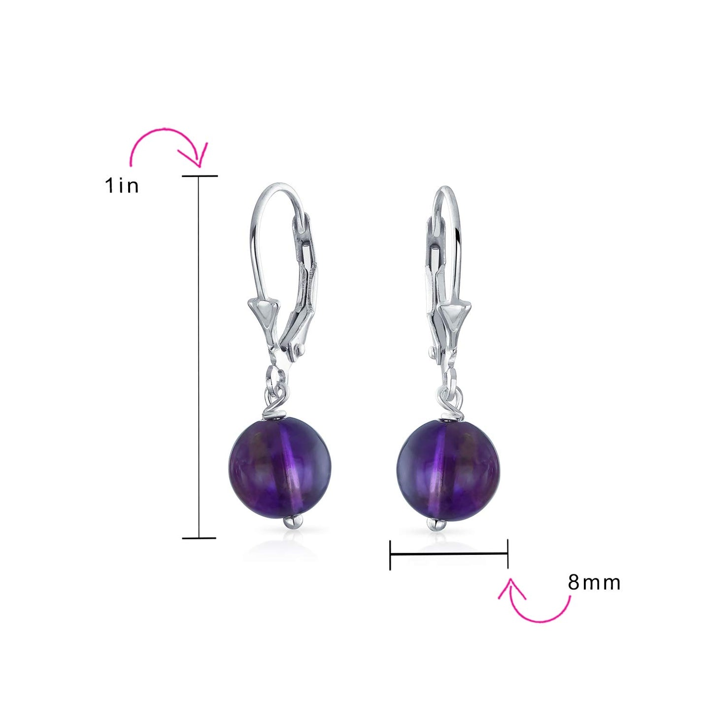 Bling Jewelry Timeless .925 Sterling Silver Purple Amethyst Bead 8mm Ball Drop Earrings Lever Back Genuine Gemstone February Birthstone