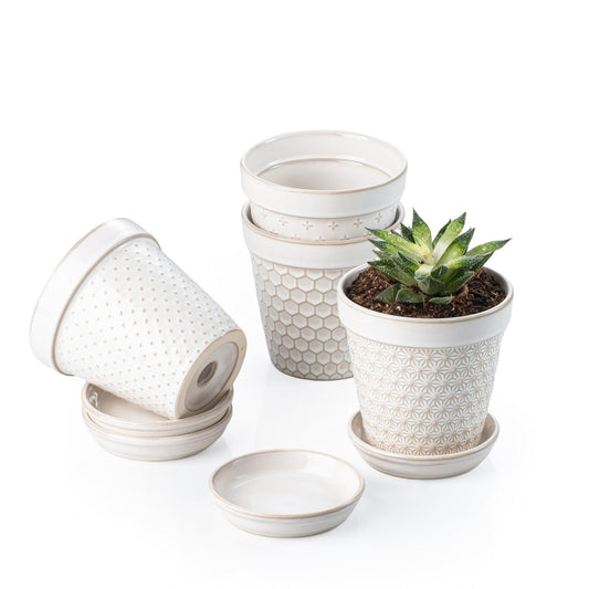 MIKIGEY Ceramic Succulent Pots with Drainage Hole & Saucer, 4 Inch Small Plant Pots, Ceramic Planter for Indoor Plants, Embossed Flower Pots, Home Decor, Set of 4, Off-White