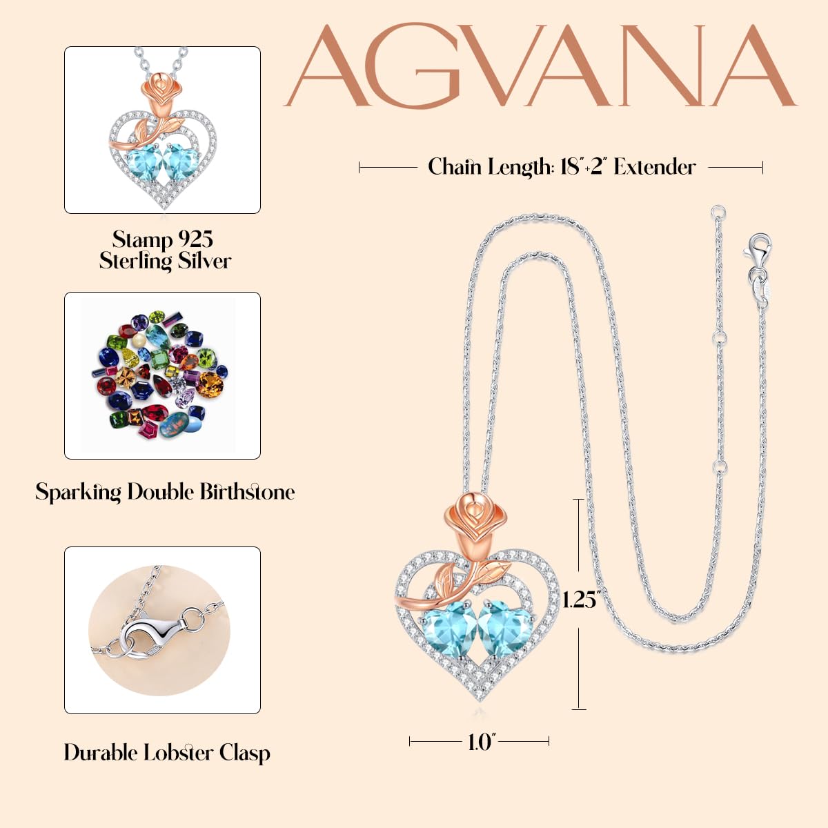 AGVANA January December Birthstone Jewelry Garnet Blue Topaz Necklace Sterling Silver Rose Flower Heart Double Birthstone Pendant Necklace Anniversary Birthday Gifts for Women Mom Wife Lady Her