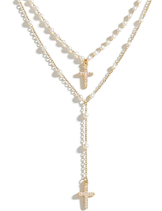 2PCS Layered Gold Cross Necklaces for Women Trendy, Bohemian Bead Pearl Y Long Pendant Necklace Set, Vintage Rosary Necklace Stack Adjustable Length