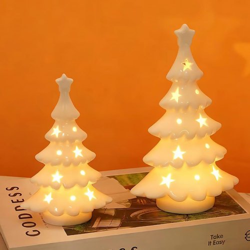 Luxstyra 2 Pcs Light Up White Ceramic Christmas Trees, Table Top Christmas Tree with Lights, Porcelain Tree Figurine with Timer, Small Ceramic Christmas Trees Set, White Christmas Decor for Tabletop