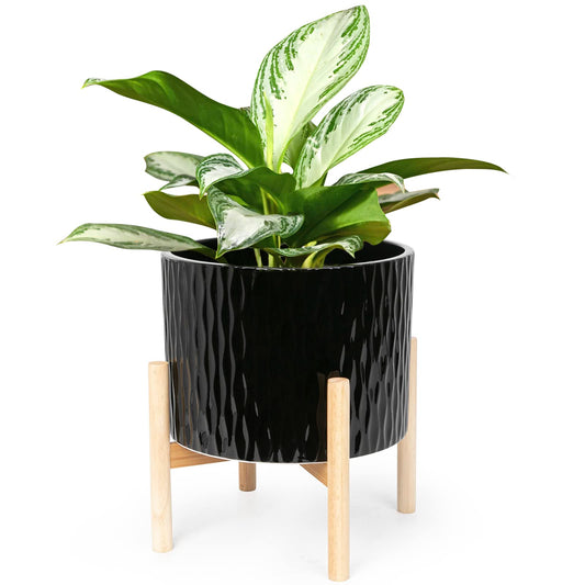 LaDoVita Ceramic Plant Pot with Stand, 10 Inch Planter with Wood Shelf, Modern Round Flower Pots Indoor with Wood Planter Holder, Black Water Ripple Pattern