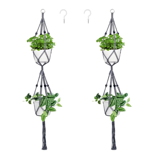 Belit 2 Pack Double Macrame Plant Hangers 2 Tier Hanging Planter Basket Decorative Flower Pot Holder Rope for Indoor Outdoor Home Decor 51 Inch, Grey