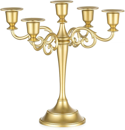 Sziqiqi Gold Candelabra | 10-Inch Table Centerpiece Candle Holder for Taper Candles - 5 Arms Design