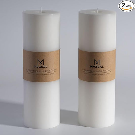 MOZEAL 4" x 12" Extra-Large White Pillar Candles (Set of 2), Unscented,Dripless, Smokeless,Long Clean-Burning,These Tall 12 inch Large White Pillar Candles Perfect for Weddings and Christmas Decor