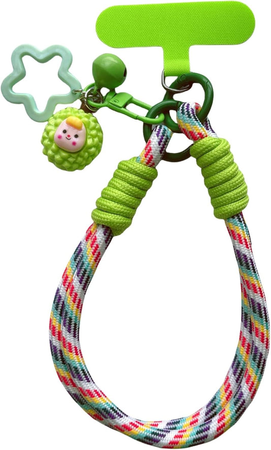 7mm Dopamine Vibes Universal Wrist Strap - Korean-Style Short Phone Lanyard with Cute Green Durain Charm, Rope, Trendy