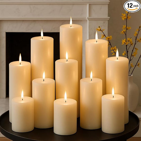 Ivory Pillar Candles Set, 12 Packs, 2.8 in x 4, 6, 8 Inch Assorted Size Unscented Pillar Candles Bulk for Home Decor, Long Burning Candle for Emergency, Holiday Dinner, Dripless & Smokeless