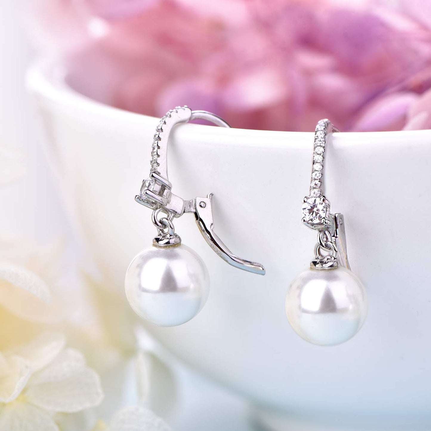 JO WISDOM 925 Sterling Silver Black/White Pearl Earrings for Women with Simulated Dangle Pearls 10mm