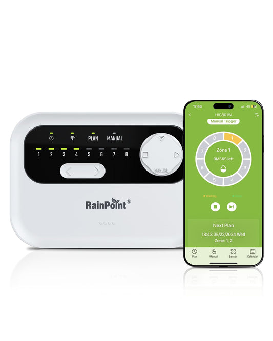 RAINPOINT Sprinkler Controller 8 Zone, Local Weather-Based Smart Irrigation Controller, WiFi Sprinkler Timer for Sprinkler System,Yard,Lawn