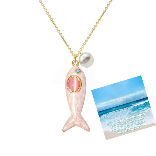 Boho Fish Charms Necklace for Women, Colorful Enamel Cats Eye Summer Sea Ocean Hawaiian Dainty Lucky Fish Pearl Pendant Necklaces Minimalist Surfer Jewelry for Her (Pink-Cats Eye)