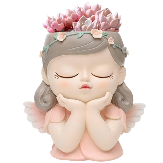 BigKing Face Planter Pot, Angel Cute Succulent Pots, Resin Flower Pots for Succulent Cactus, Head Planters for Indoor Outdoor Plants, Outdoor Planter with Drainage Hole (Pink)