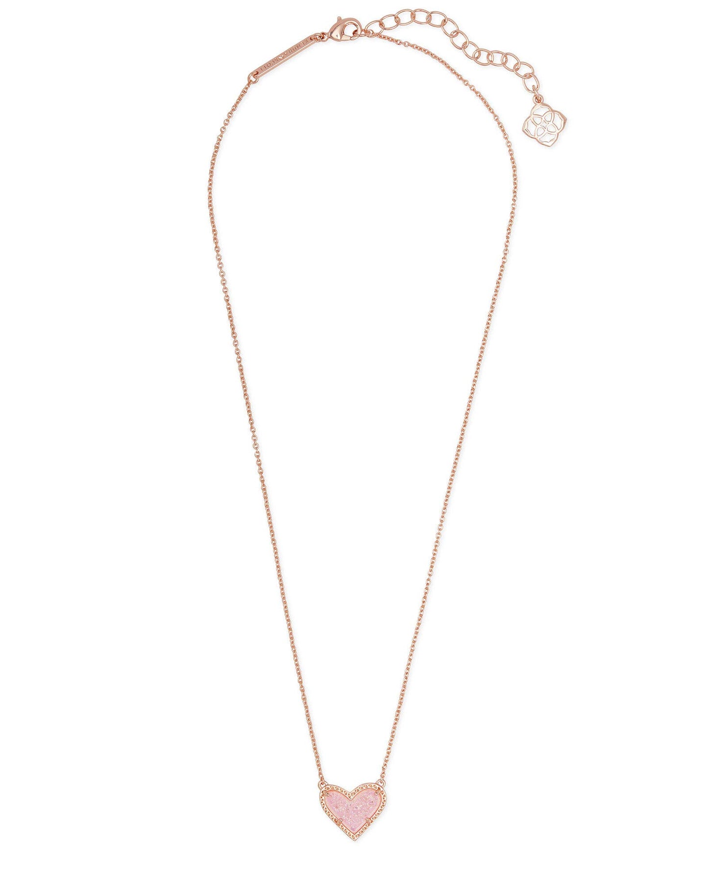 Kendra Scott Ari Heart Adjustable Length Pendant Necklace for Women, Fashion Jewelry, 14k Rose Gold-Plated, Pink Drusy