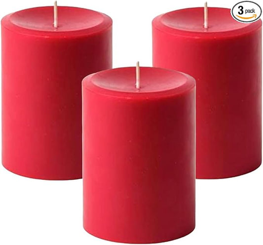 Mister Candle Dripless Unscented Pillar Candles, Set of 3 Hand Poured Solid Color Non-Scented Candles for Home Decor, Premium Wax, 60 Hr Burn Time - 3x4 Inch, Red