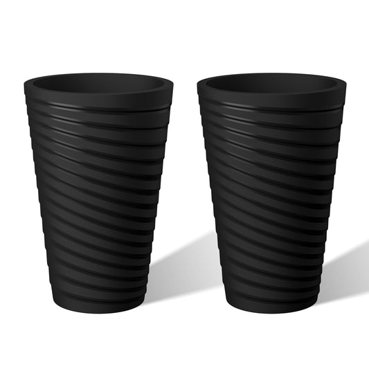Kante 15 Inch Tall Planter Set of 2, Round Spiral Textured Flower Pots, Decorative Plant Pots for Outdoor Indoor Home Garden Patio (Black)