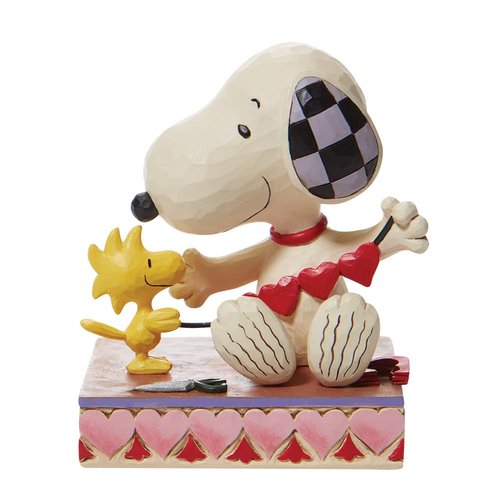 Enesco Peanuts Collection by Jim Shore Woodstock and Snoopy with Heart Garland Figurine- Stone Resin Hand Crafted Painted Collectible Peanuts Snoopy Figurines Home Decor Statue, 4.5 Inch