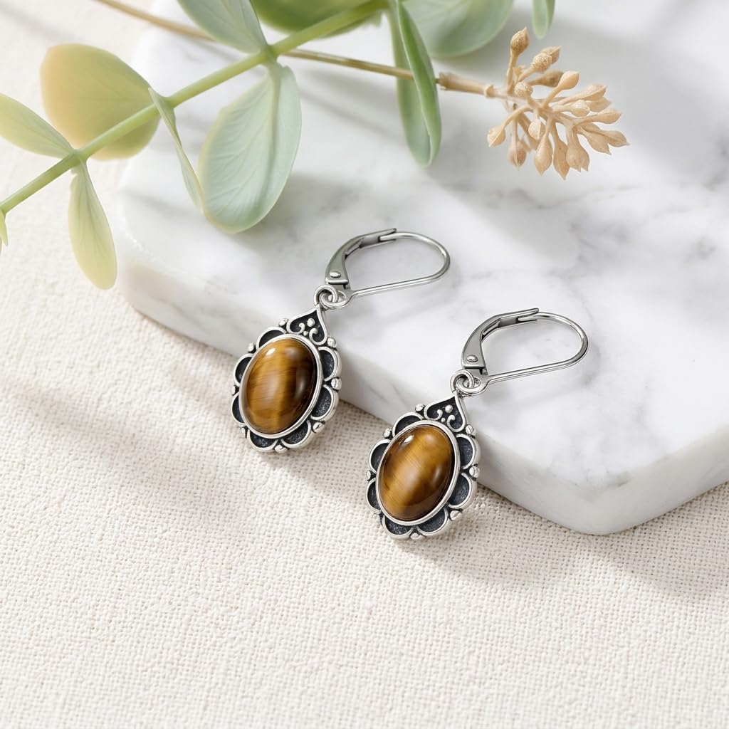 Tiger Eyes Drop Earrings for Women 925 Sterling Silver Vintage Oval 9x7mm Filigree Leverback Dangle Earrings, Gothic Victorian Antique Jewelry Gifts