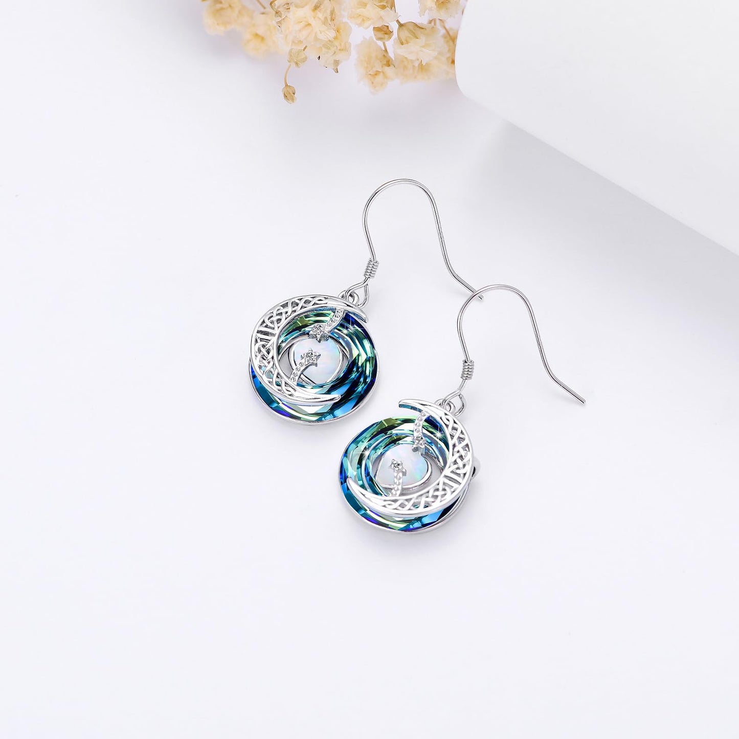 TOUPOP Opal Earrings October Birthstone Earrings Sterling Silver Moon and Star Drop Dangle Earring Jewelry Blue Crystal Birthday Mothers Day Gifts for Women Mom Her