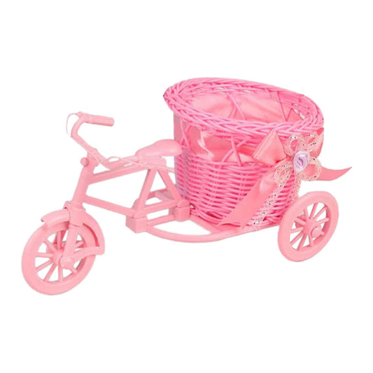 Bicycle Artificial Woven Flower Basket Tricycle Planter Decorative Nostalgic Plant Rack Flower Stand for Birthday Home Decor (Pink)