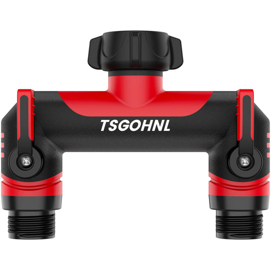 2 Way Garden Hose Splitter, 3/4 Inch Outdoor Faucet Splitter, Hose Manifold with Independent Shut Off Valves, Wide Spacing for Hose Timers, Sprinklers, Lawn, Yard and Garden Watering - Red